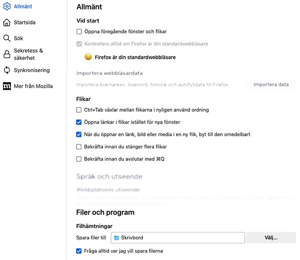 Skärmkopia på Firefox inställningar